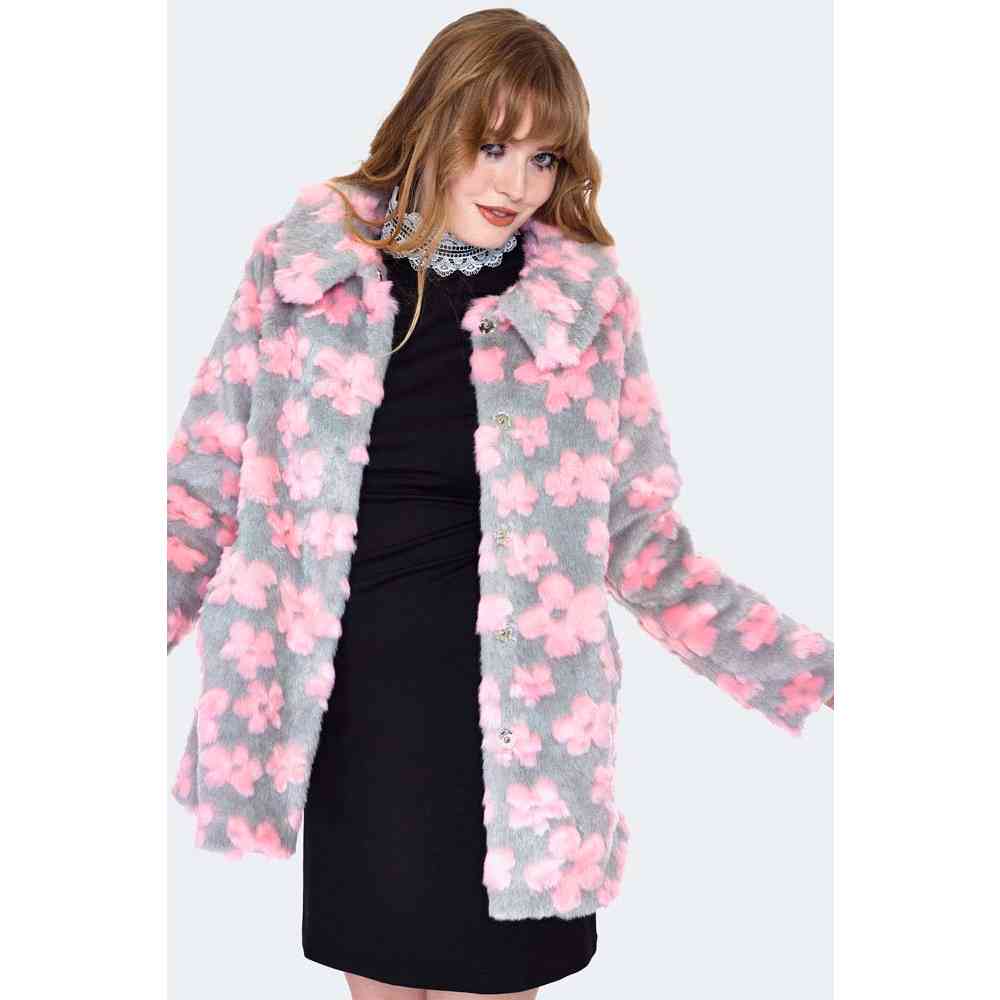 Voodoo Vixen - Flower Pattern Faux Fur Winterjas - Grijs